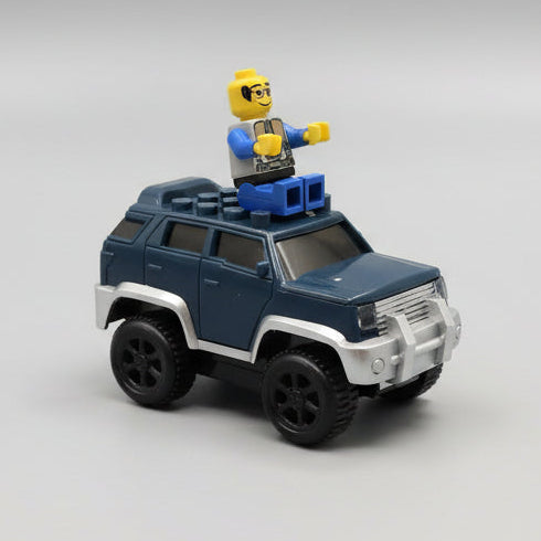 Blå lego bil fra siden flexi trax